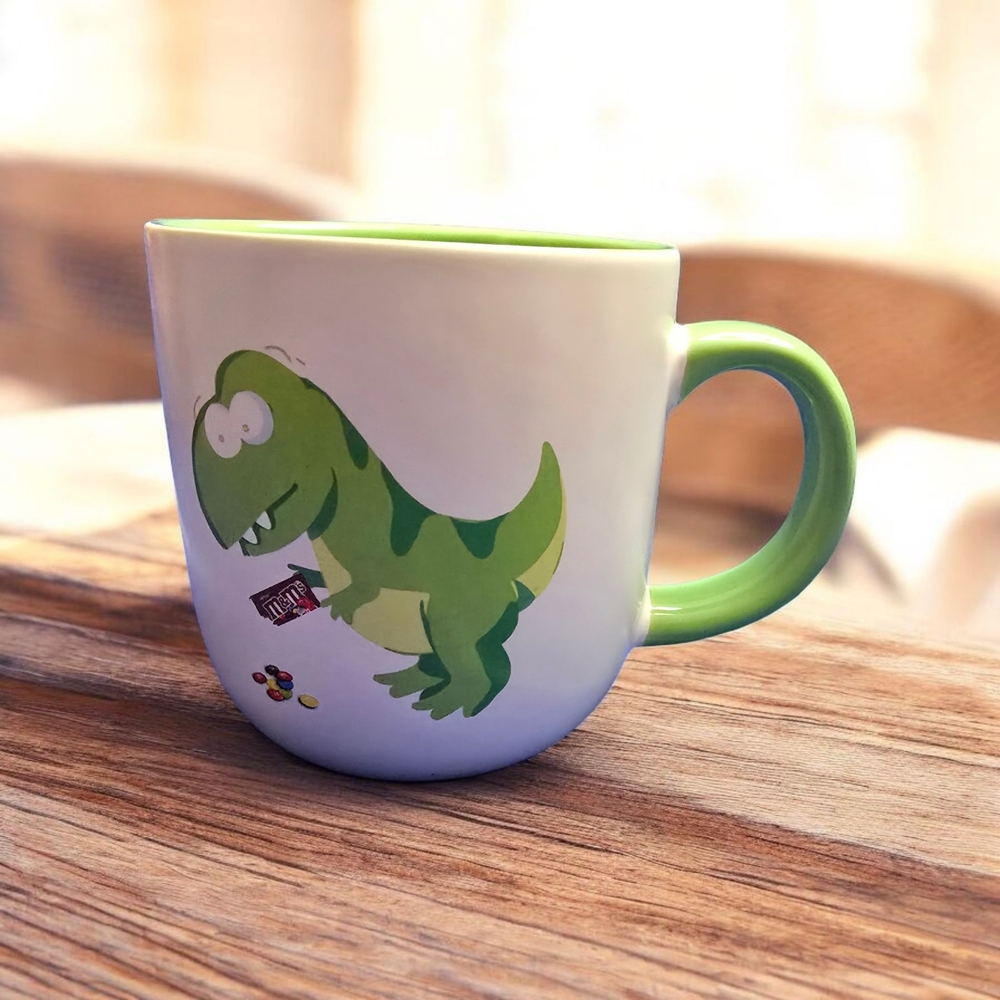 Vintage M&M Candy Dinosaur T-Rex  Mug Ceramic With M&M  Famous Phrase